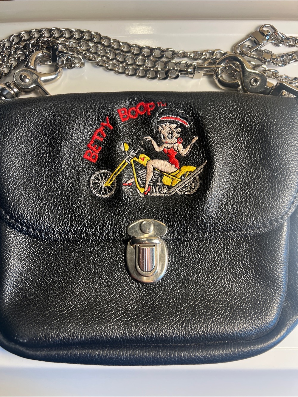 Betty Boop Black Leather Crossbody Bag with Embroidered Motorcycle